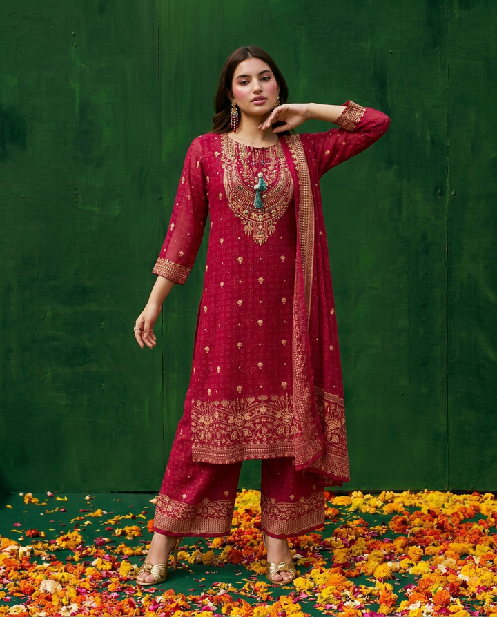 Red Embroidered Georgette Kurta Bottom Dupatta Set