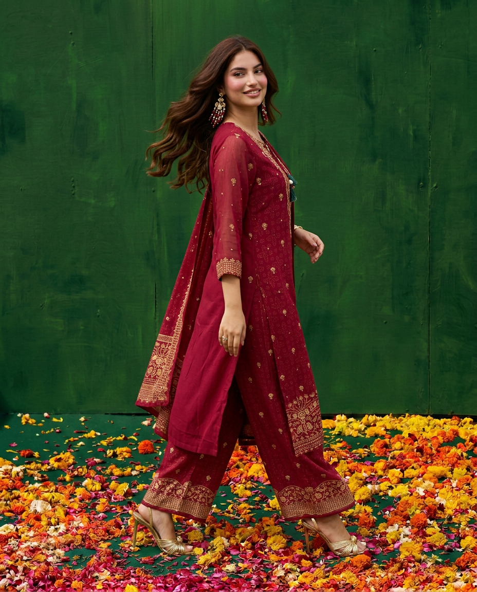 Red Embroidered Georgette Kurta Bottom Dupatta Set