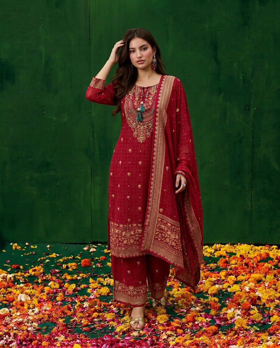 Red Embroidered Georgette Kurta Bottom Dupatta Set