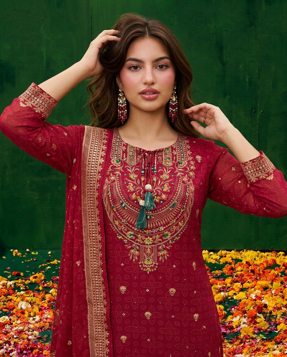 Red Embroidered Georgette Kurta Bottom Dupatta Set