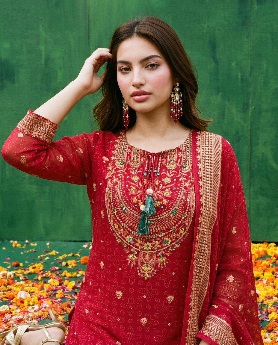 Red Embroidered Georgette Kurta Bottom Dupatta Set