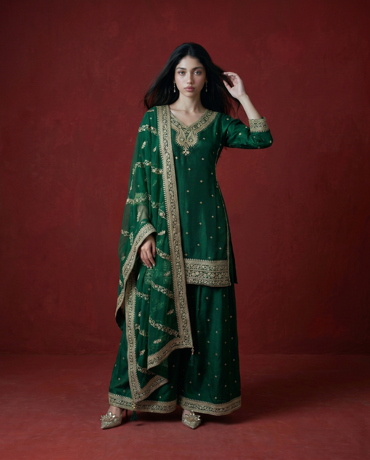 Green Embroidered Silk Blended 3/4 Sleeves Kurta Bottom Dupatta Set