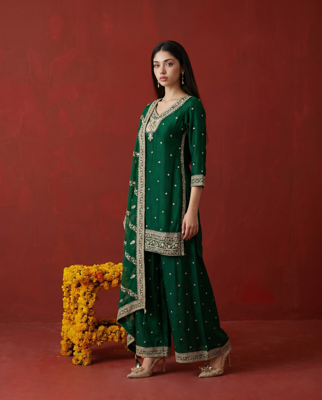 Green Embroidered Silk Blended 3/4 Sleeves Kurta Bottom Dupatta Set