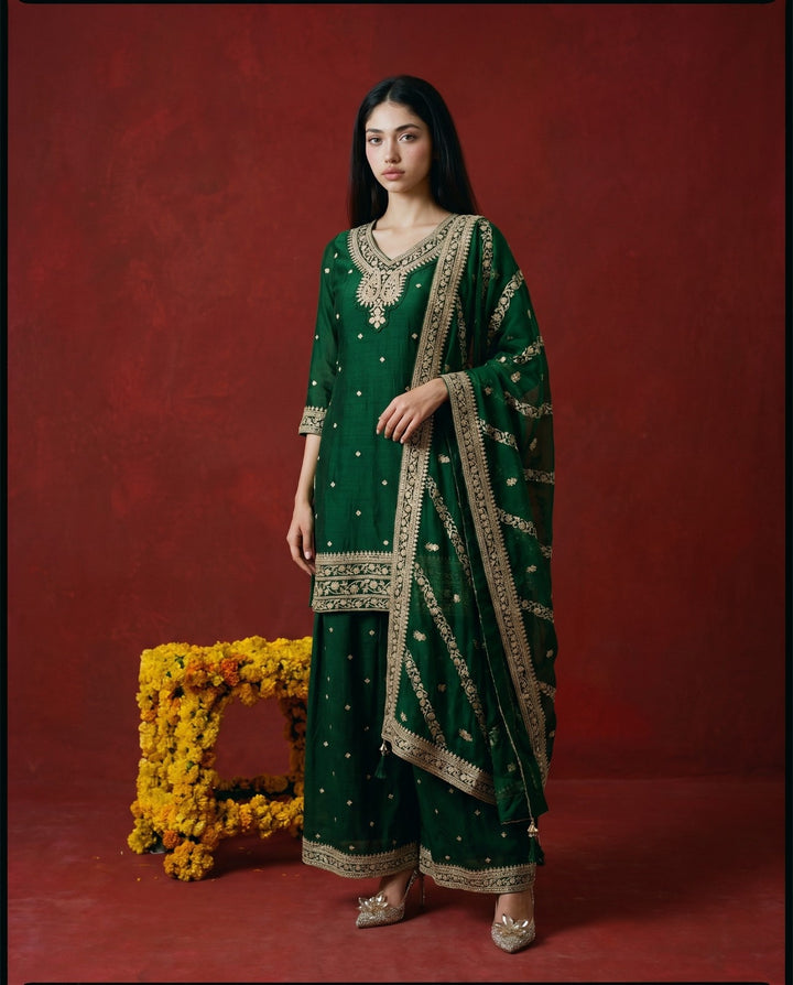 Green Embroidered Silk Blended 3/4 Sleeves Kurta Bottom Dupatta Set