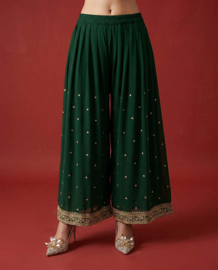 Green Embroidered Silk Blended 3/4 Sleeves Kurta Bottom Dupatta Set