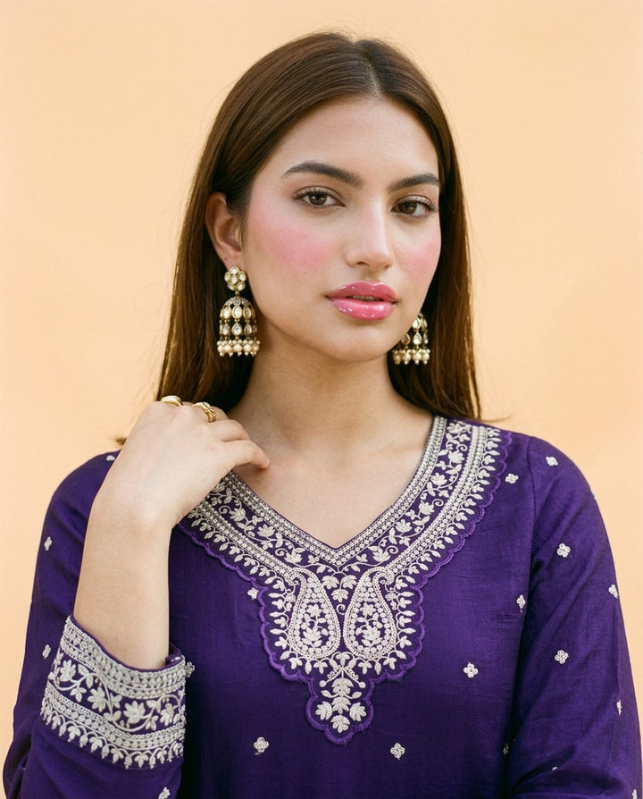 Purple Embroidered Silk Blended 3/4 Sleeves Kurta Bottom Dupatta Set