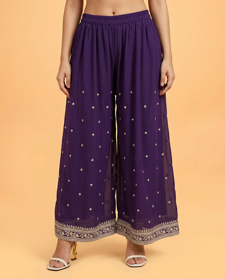 Purple Embroidered Silk Blended 3/4 Sleeves Kurta Bottom Dupatta Set