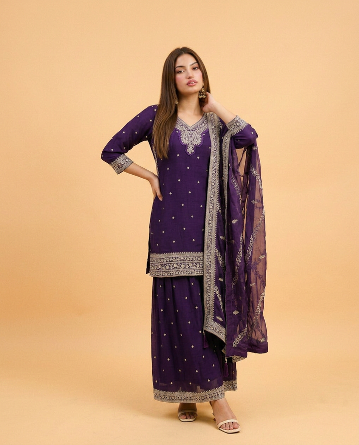 Purple Embroidered Silk Blended 3/4 Sleeves Kurta Bottom Dupatta Set