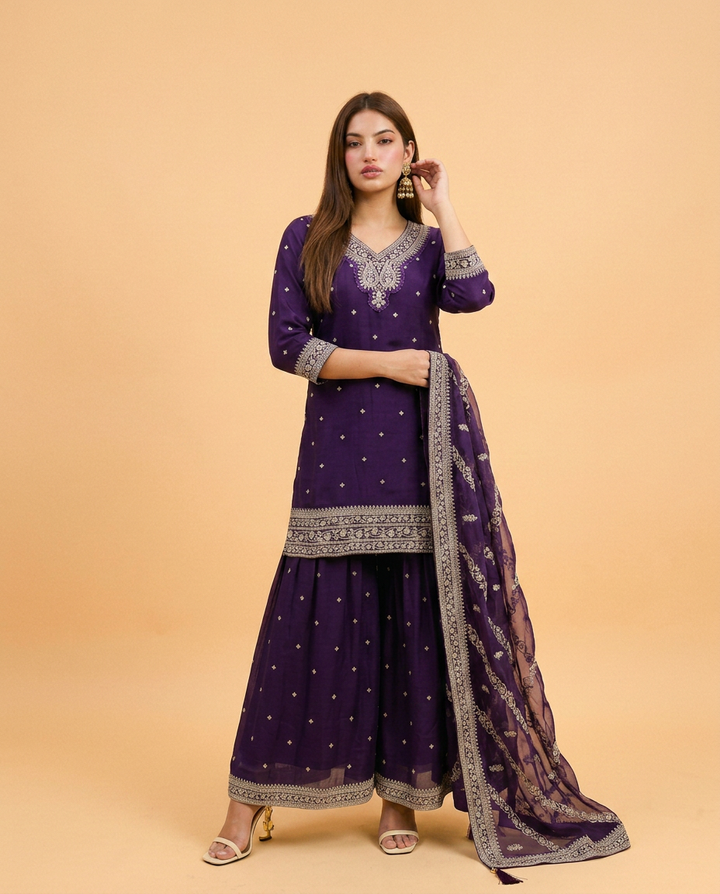 Purple Embroidered Silk Blended 3/4 Sleeves Kurta Bottom Dupatta Set