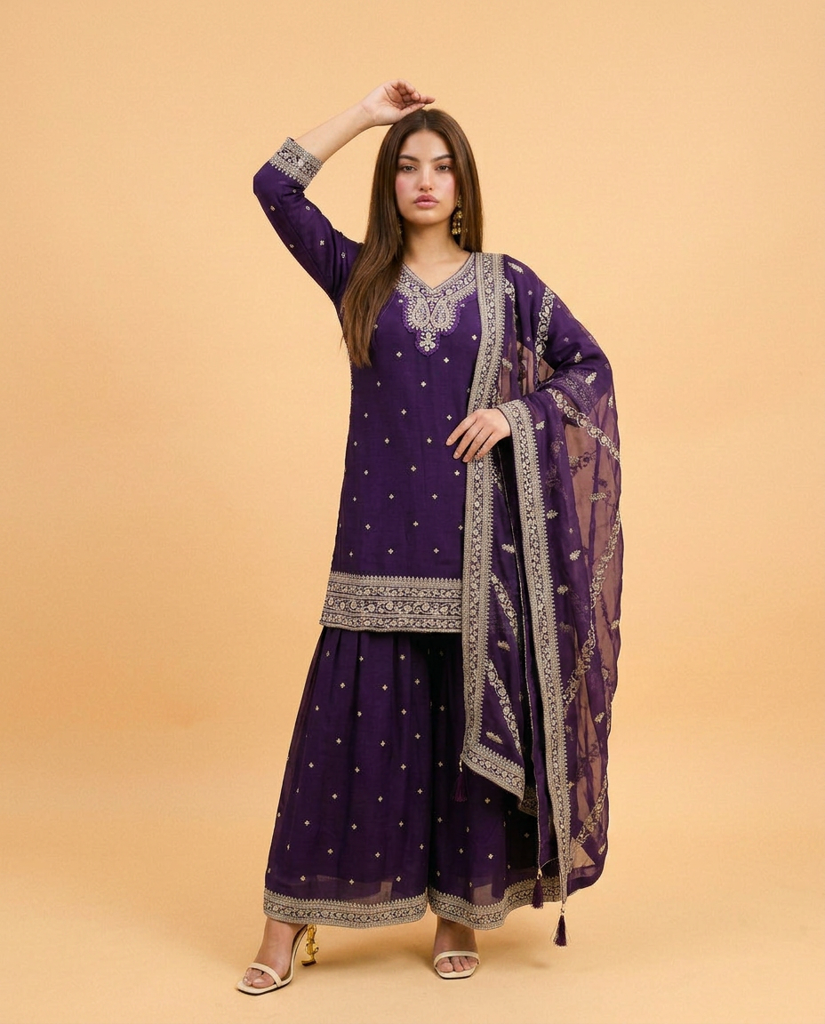 Purple Embroidered Silk Blended 3/4 Sleeves Kurta Bottom Dupatta Set