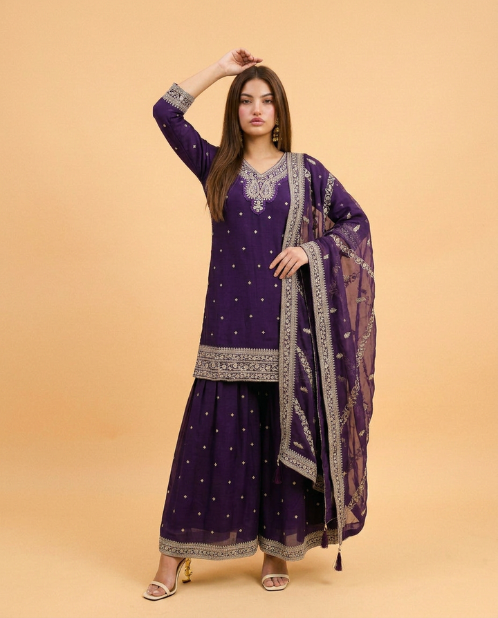Purple Embroidered Silk Blended 3/4 Sleeves Kurta Bottom Dupatta Set