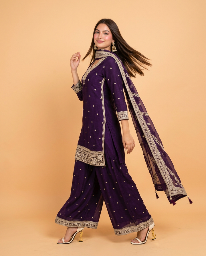 Purple Embroidered Silk Blended 3/4 Sleeves Kurta Bottom Dupatta Set