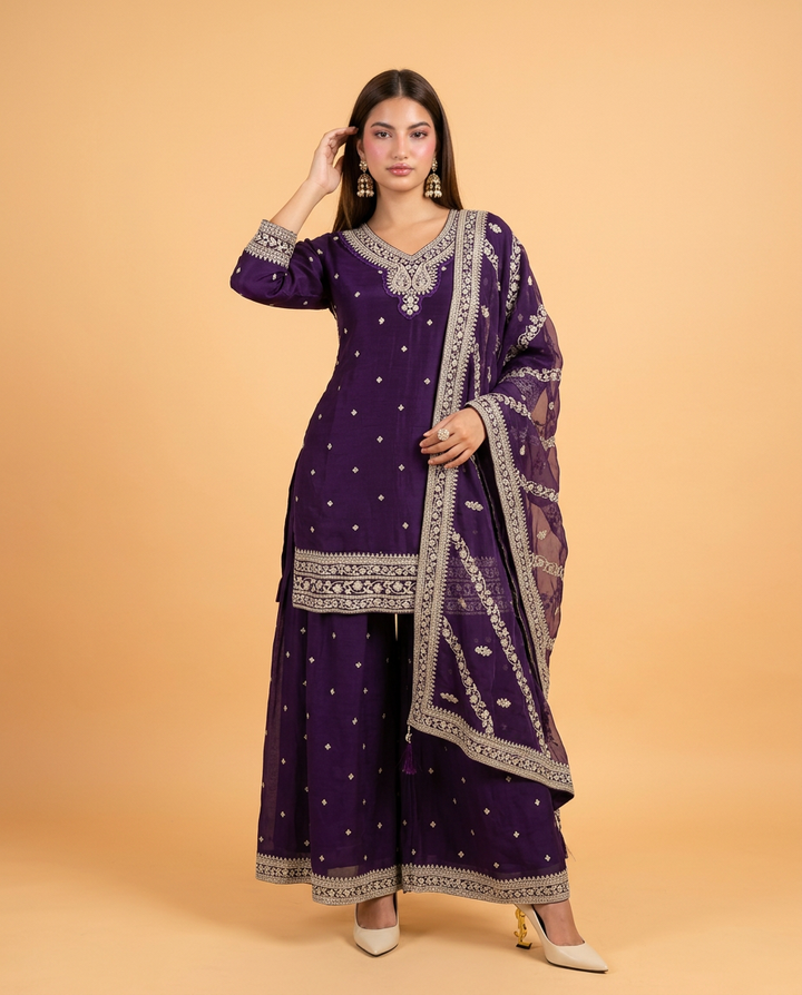 Purple Embroidered Silk Blended 3/4 Sleeves Kurta Bottom Dupatta Set
