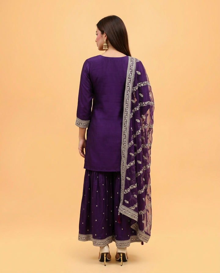 Purple Embroidered Silk Blended 3/4 Sleeves Kurta Bottom Dupatta Set