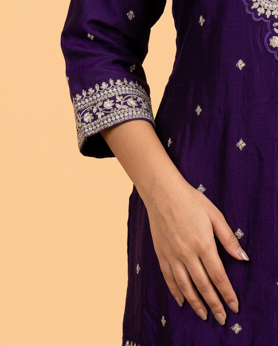 Purple Embroidered Silk Blended 3/4 Sleeves Kurta Bottom Dupatta Set