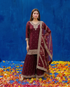 Wine Embroidered Silk Blended 3/4 Sleeves Kurta Bottom Dupatta Set