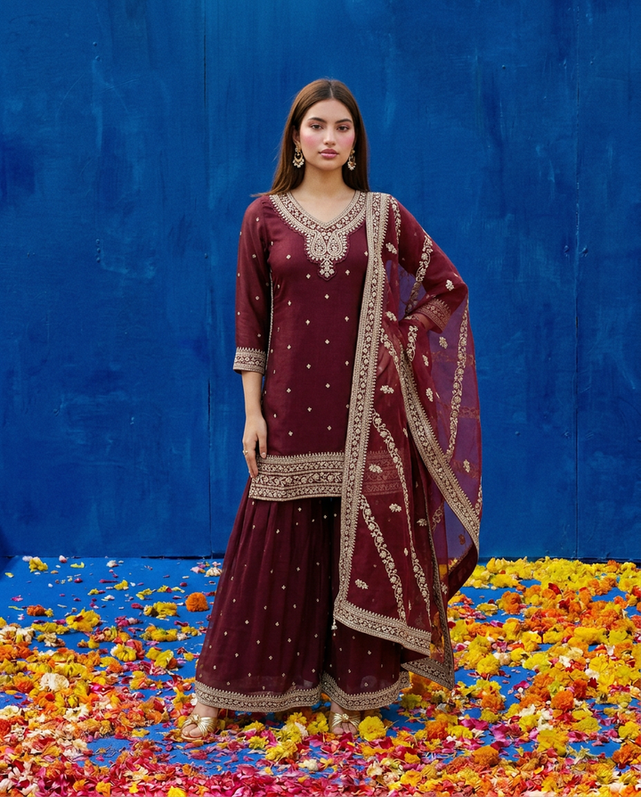 Wine Embroidered Silk Blended 3/4 Sleeves Kurta Bottom Dupatta Set