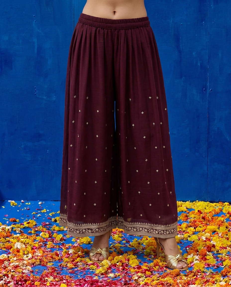 Wine Embroidered Silk Blended 3/4 Sleeves Kurta Bottom Dupatta Set