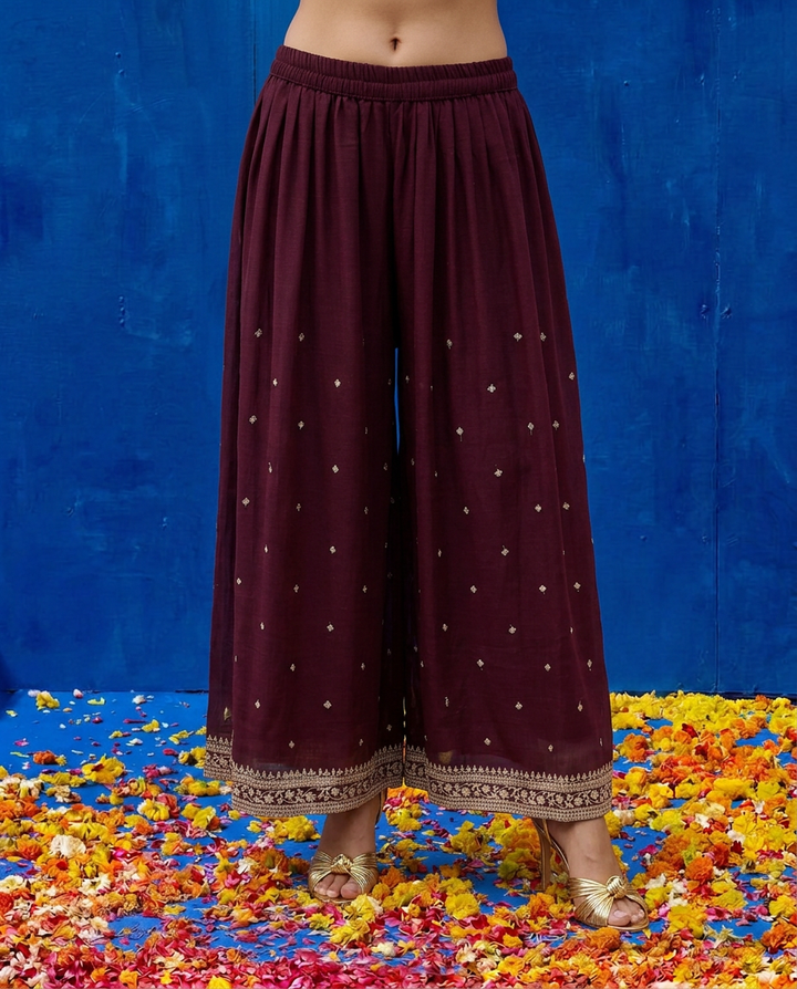 Wine Embroidered Silk Blended 3/4 Sleeves Kurta Bottom Dupatta Set