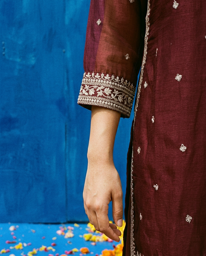 Wine Embroidered Silk Blended 3/4 Sleeves Kurta Bottom Dupatta Set