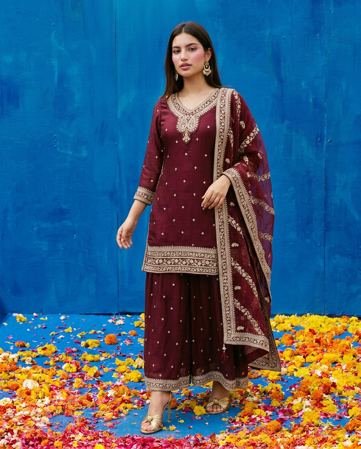 Wine Embroidered Silk Blended 3/4 Sleeves Kurta Bottom Dupatta Set