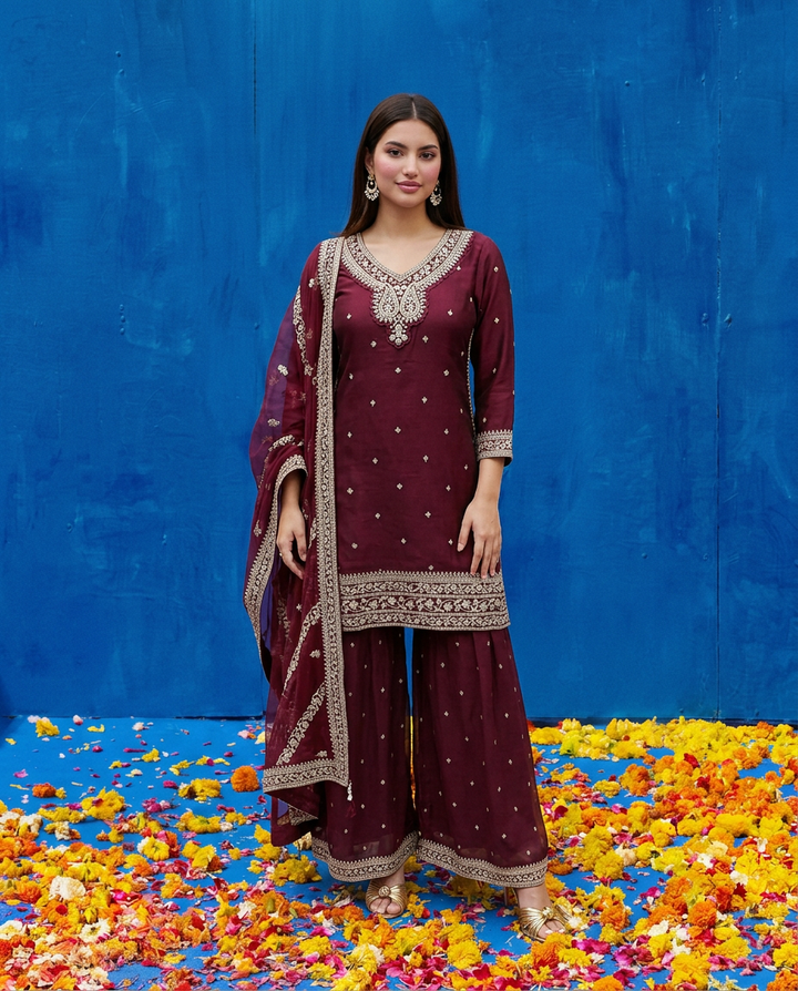 Wine Embroidered Silk Blended 3/4 Sleeves Kurta Bottom Dupatta Set