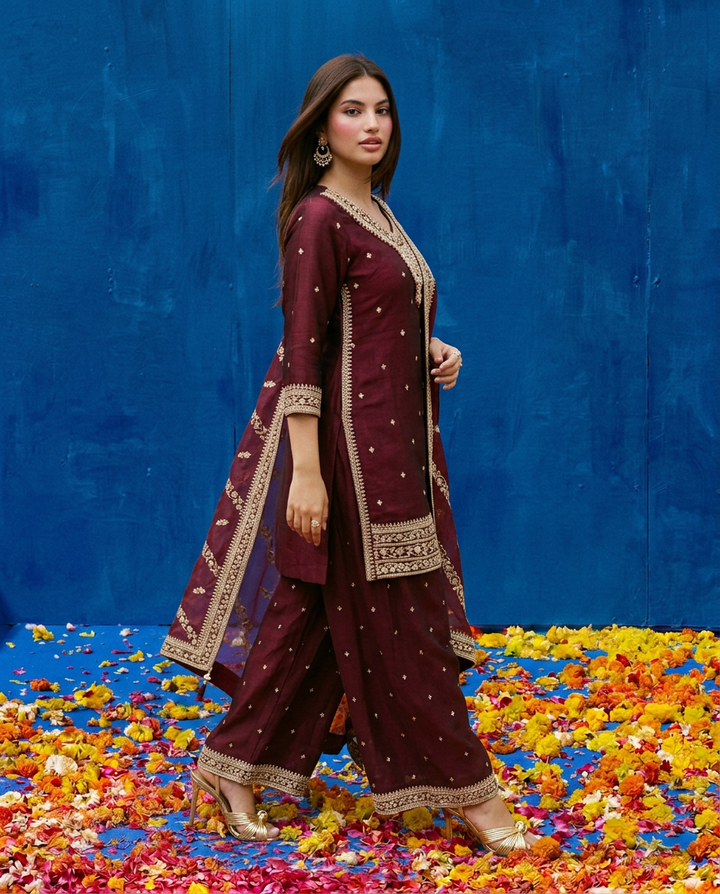 Wine Embroidered Silk Blended 3/4 Sleeves Kurta Bottom Dupatta Set