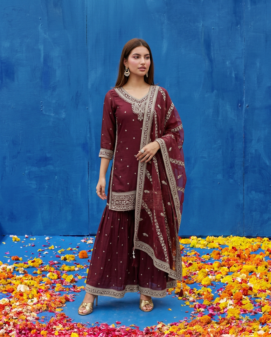 Wine Embroidered Silk Blended 3/4 Sleeves Kurta Bottom Dupatta Set