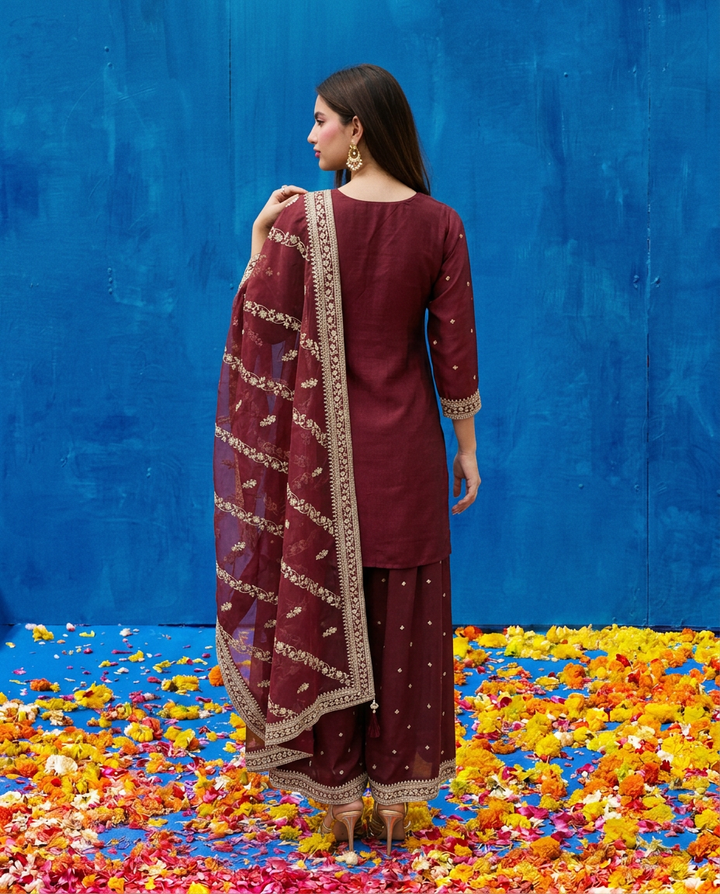 Wine Embroidered Silk Blended 3/4 Sleeves Kurta Bottom Dupatta Set