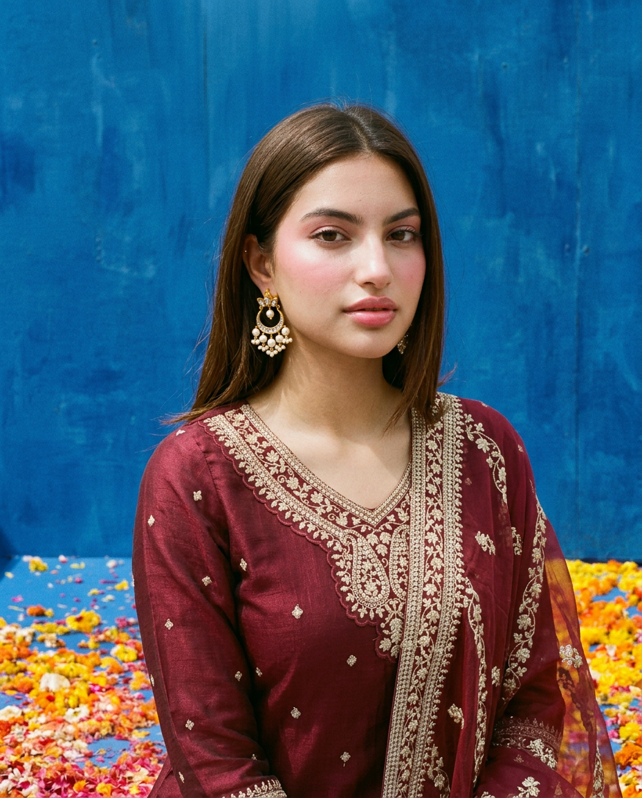 Wine Embroidered Silk Blended 3/4 Sleeves Kurta Bottom Dupatta Set