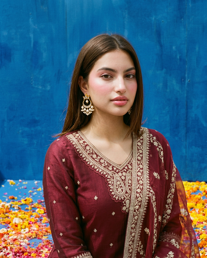 Wine Embroidered Silk Blended 3/4 Sleeves Kurta Bottom Dupatta Set