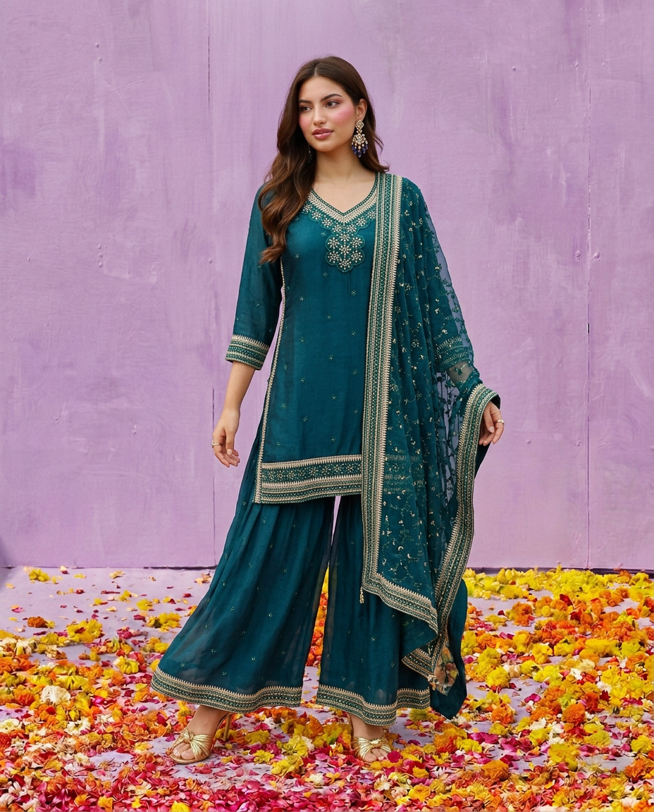 Green Embroidered Silk Blended 3/4 Sleeves Kurta Bottom Dupatta Set