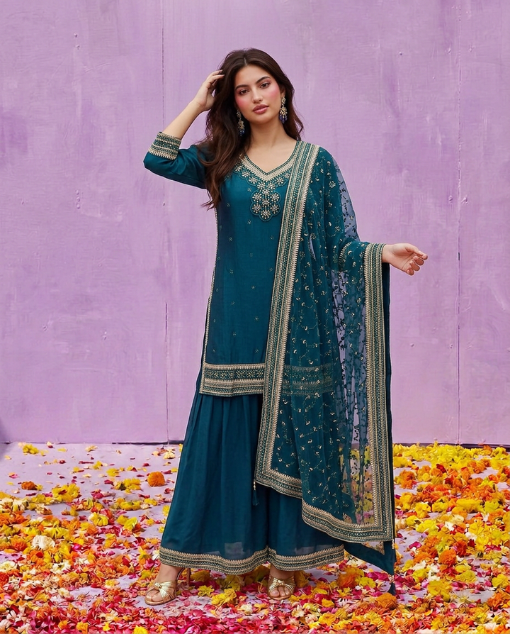 Green Embroidered Silk Blended 3/4 Sleeves Kurta Bottom Dupatta Set