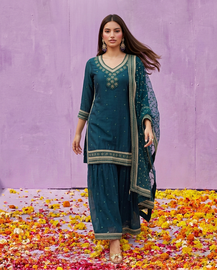 Green Embroidered Silk Blended 3/4 Sleeves Kurta Bottom Dupatta Set