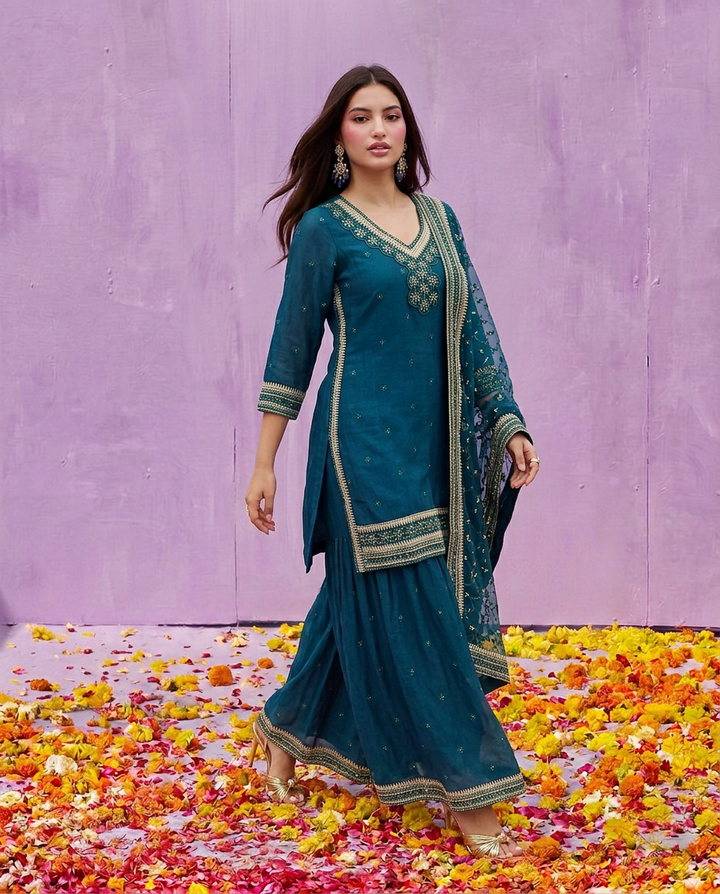 Green Embroidered Silk Blended 3/4 Sleeves Kurta Bottom Dupatta Set
