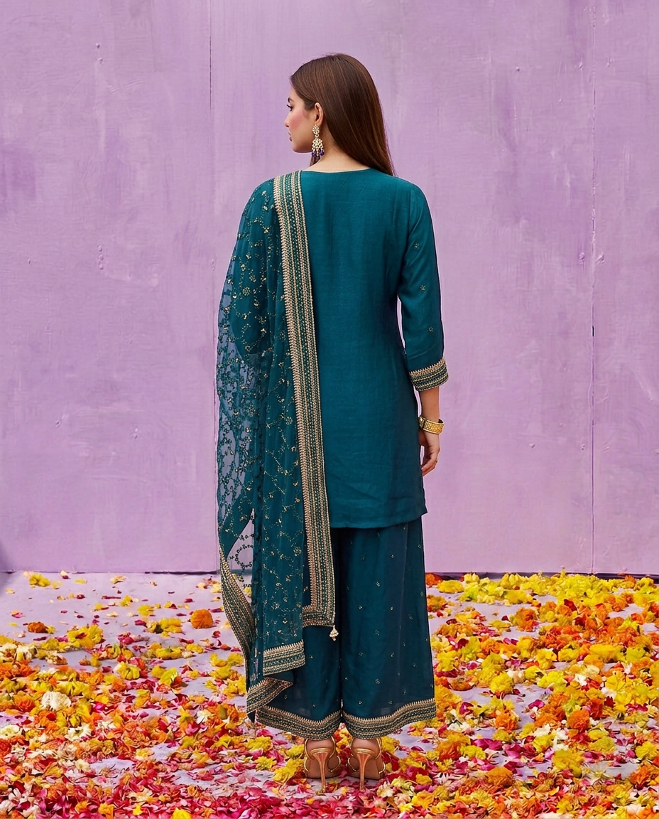 Green Embroidered Silk Blended 3/4 Sleeves Kurta Bottom Dupatta Set