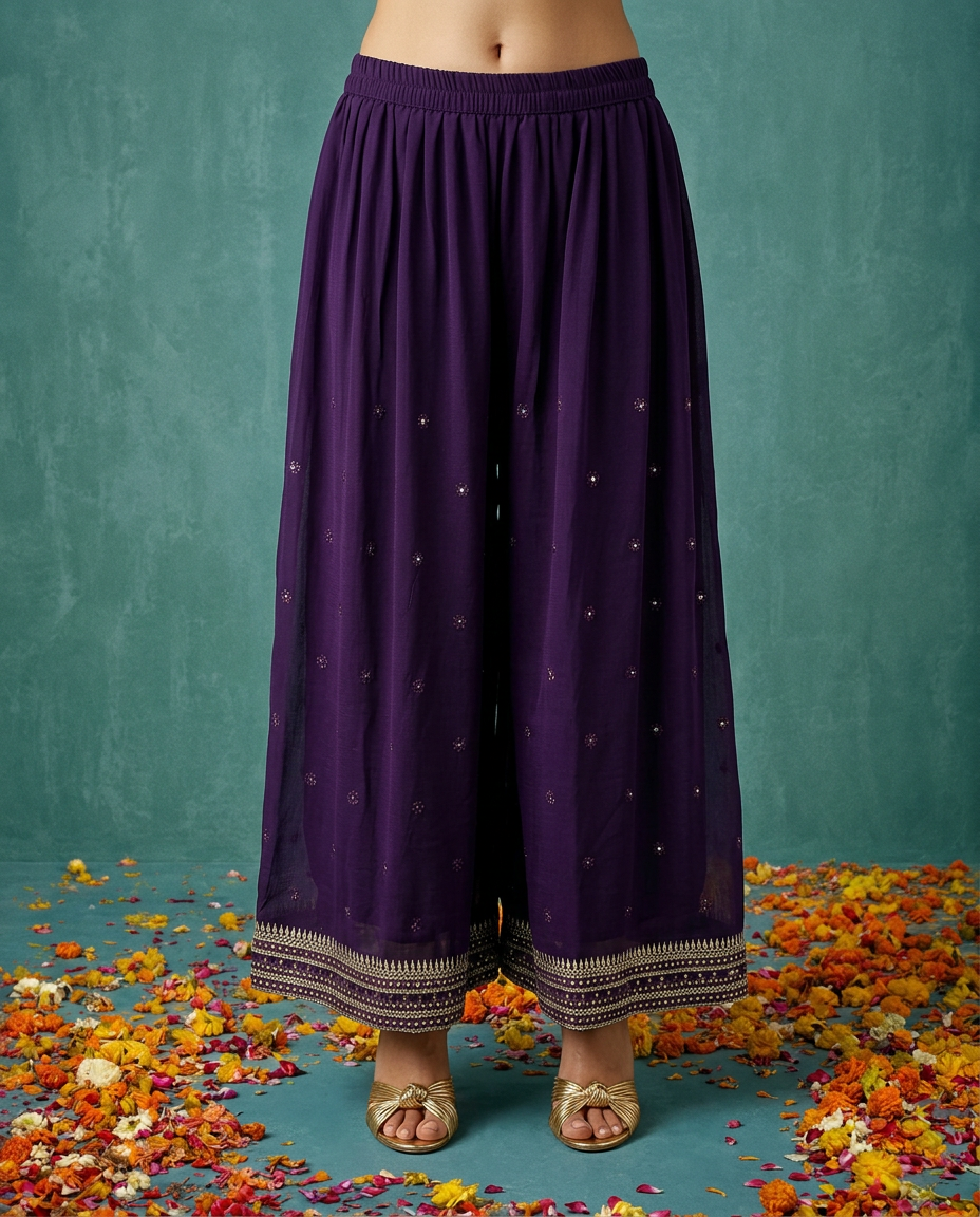 Purple Embriodered Silk Blended 3/4 Sleeves Kurta Bottom Dupatta Set