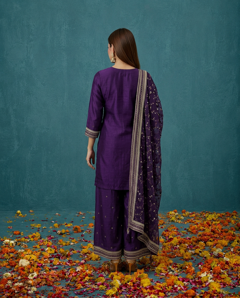 Purple Embriodered Silk Blended 3/4 Sleeves Kurta Bottom Dupatta Set