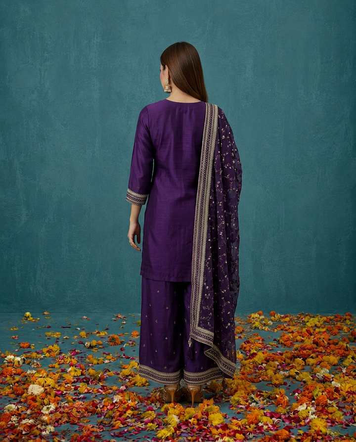 Purple Embriodered Silk Blended 3/4 Sleeves Kurta Bottom Dupatta Set