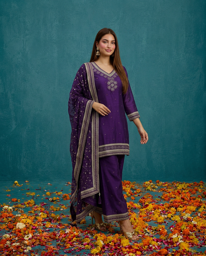 Purple Embriodered Silk Blended 3/4 Sleeves Kurta Bottom Dupatta Set