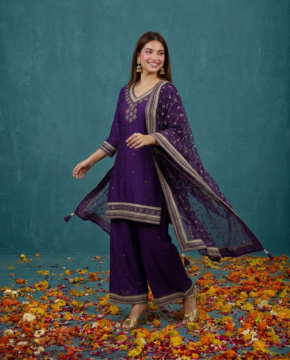 Purple Embriodered Silk Blended 3/4 Sleeves Kurta Bottom Dupatta Set