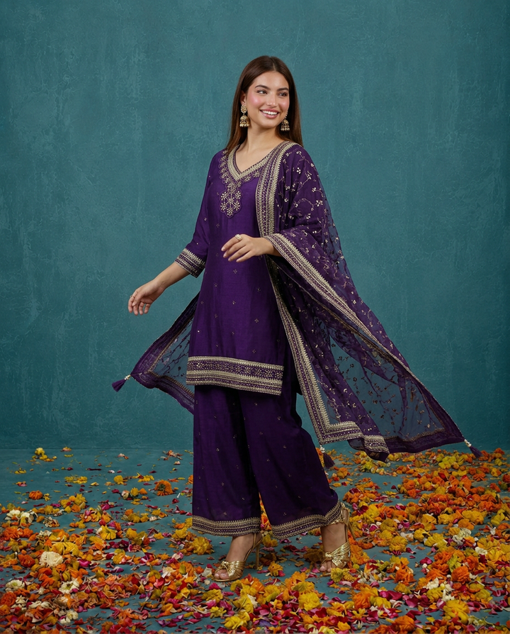 Purple Embriodered Silk Blended 3/4 Sleeves Kurta Bottom Dupatta Set