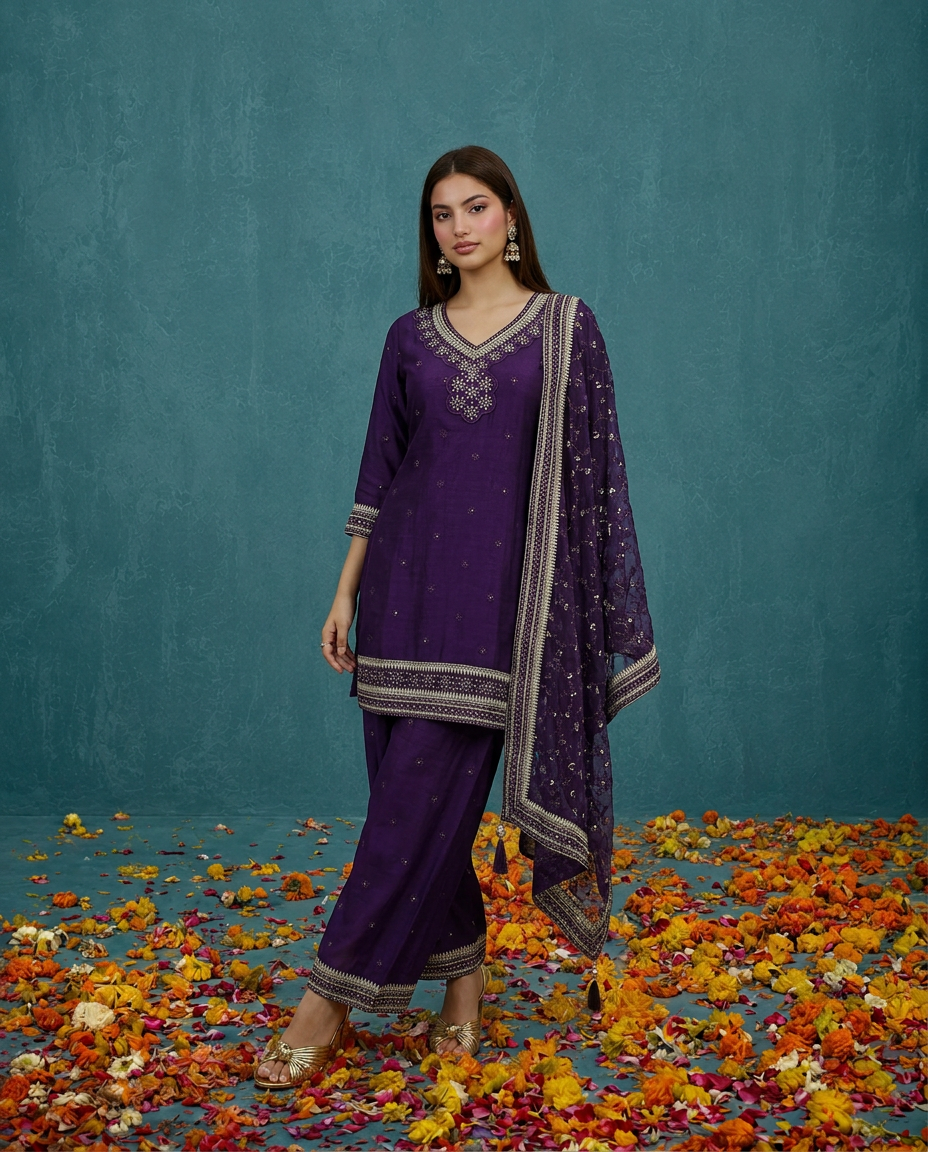 Purple Embriodered Silk Blended 3/4 Sleeves Kurta Bottom Dupatta Set