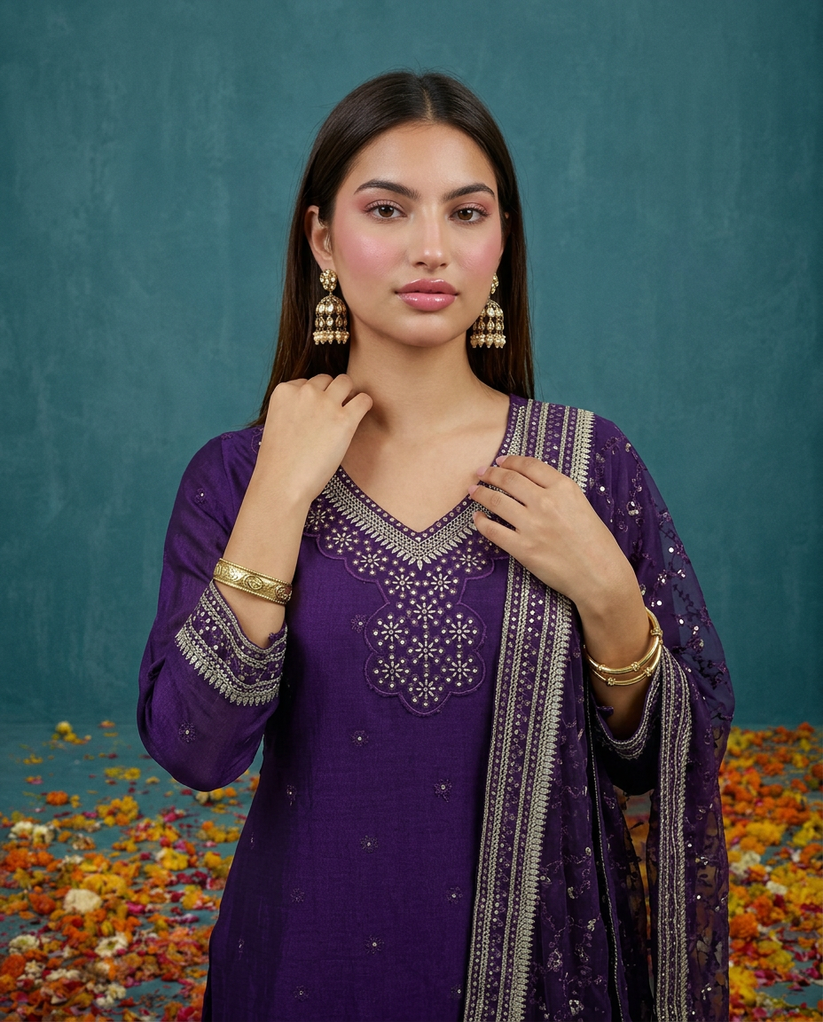 Purple Embriodered Silk Blended 3/4 Sleeves Kurta Bottom Dupatta Set