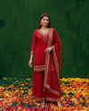 Red Embroidered Silk Blended 3/4 Sleeves Kurta Bottom Dupatta Set
