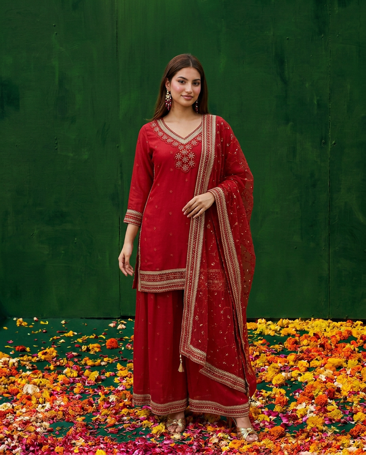 Red Embroidered Silk Blended 3/4 Sleeves Kurta Bottom Dupatta Set