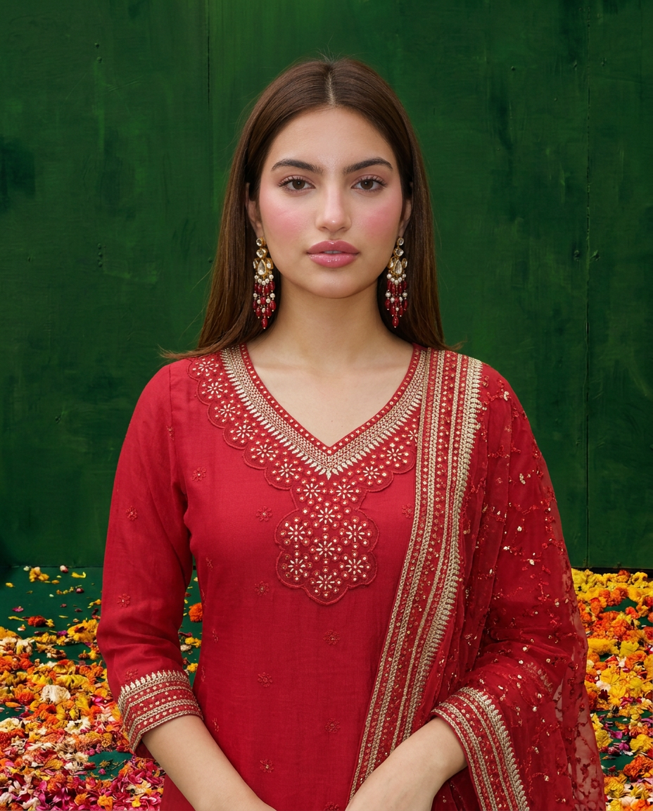 Red Embroidered Silk Blended 3/4 Sleeves Kurta Bottom Dupatta Set