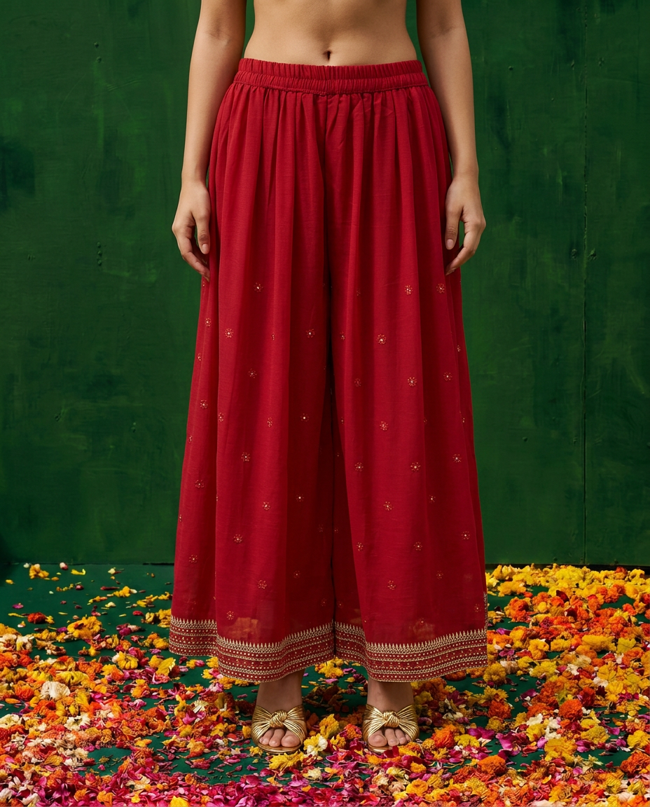 Red Embroidered Silk Blended 3/4 Sleeves Kurta Bottom Dupatta Set