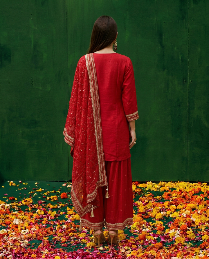 Red Embroidered Silk Blended 3/4 Sleeves Kurta Bottom Dupatta Set