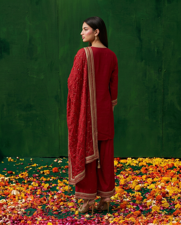 Red Embroidered Silk Blended 3/4 Sleeves Kurta Bottom Dupatta Set